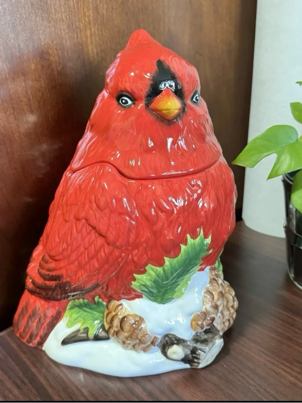 Vintage Hand Painted Mercuries Ceramic Red Cardinal Cookie Jar/Canister